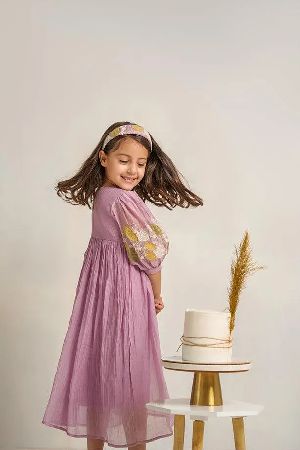 Baby Beluga- Lavender Chanderi Silk Hand Embroidered Puffed Sleeves Dress for Girls