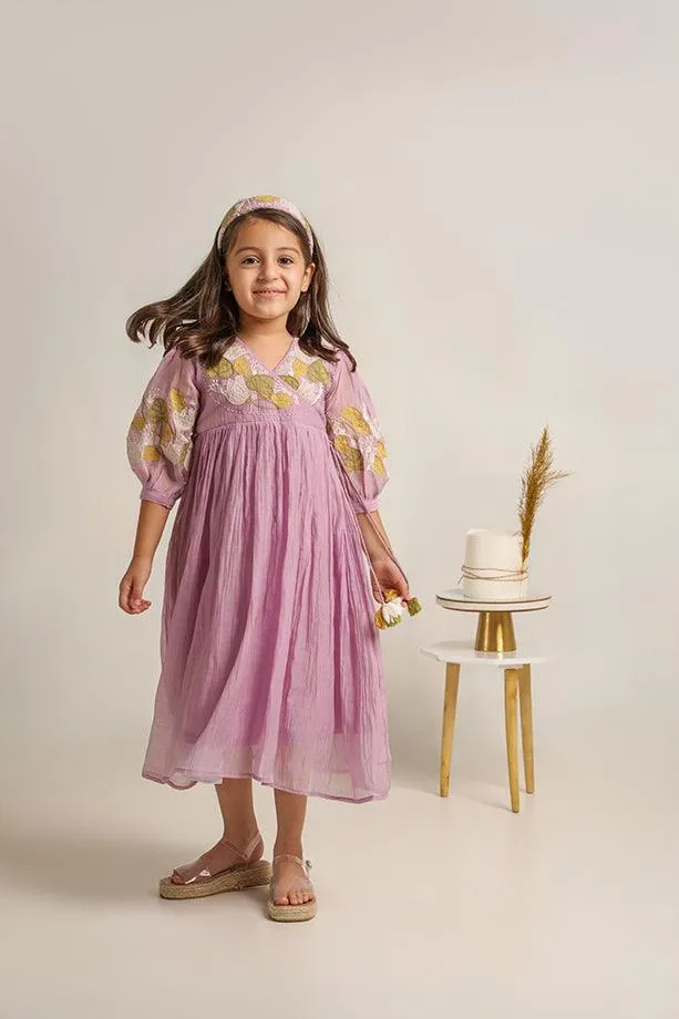 Baby Beluga- Lavender Chanderi Silk Hand Embroidered Puffed Sleeves Dress for Girls