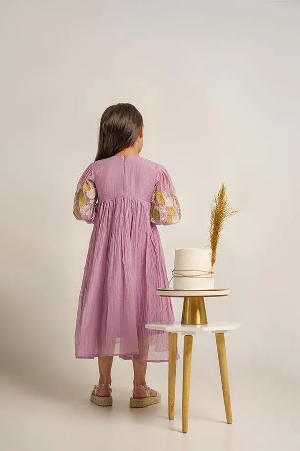 Baby Beluga- Lavender Chanderi Silk Hand Embroidered Puffed Sleeves Dress for Girls