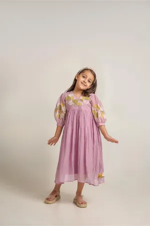 Baby Beluga- Lavender Chanderi Silk Hand Embroidered Puffed Sleeves Dress for Girls