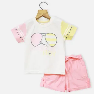 Colorblock Half Sleeves T-Shirt With Pink Corduroy Shorts