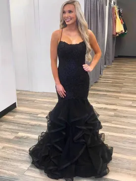 Elegant Mermaid Puffy Black Lace Long Prom, Mermaid Lace Black Formal, Lace Black Evening