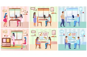 Family visiting nutritionist flat vector illustrations set