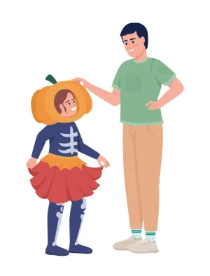 Girl with dad choosing costume for Halloween semi flat color vector characters