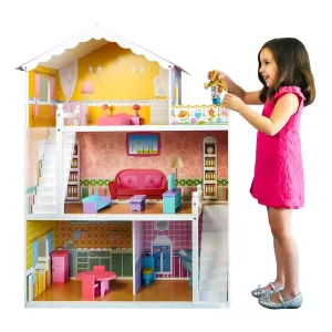 Kids 44in Height 3-Story Wooden Open Dollhouse Set w/ 5 Rooms, Accessories