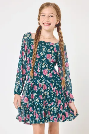 Kids Green Floral Long Sleeve Dress