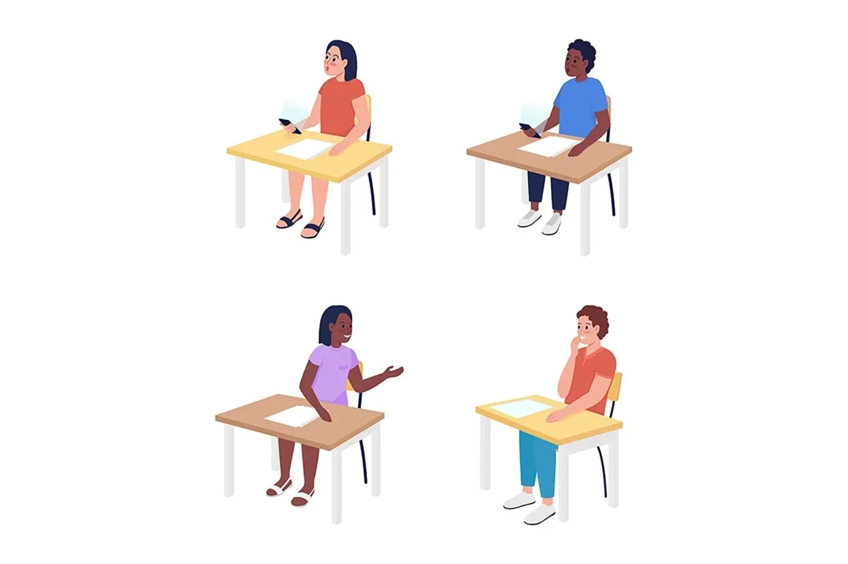 Pupils sitting at desks semi flat color vector characters set