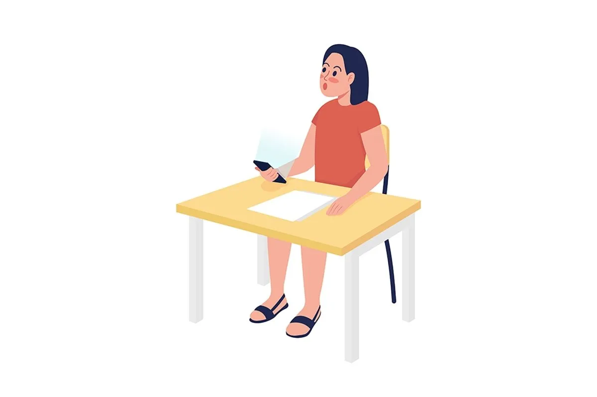 Pupils sitting at desks semi flat color vector characters set