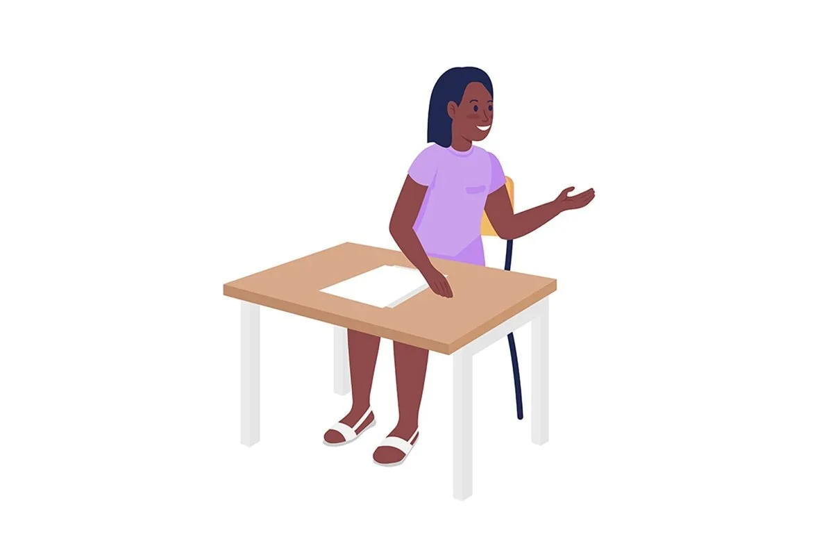 Pupils sitting at desks semi flat color vector characters set