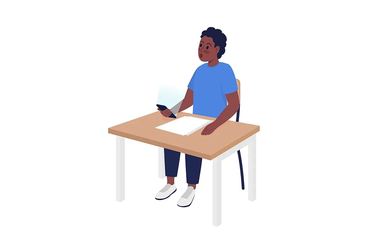 Pupils sitting at desks semi flat color vector characters set